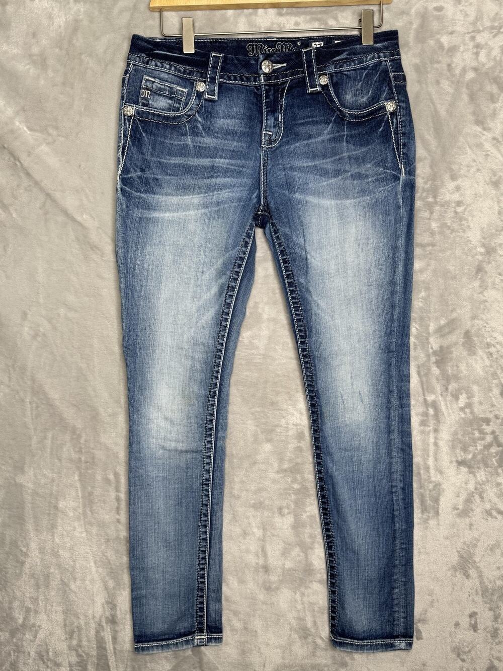 Miss Me Jeans Womens 27 Blue Mid Rise Easy Skinny Embellished Stretch Rhinestone